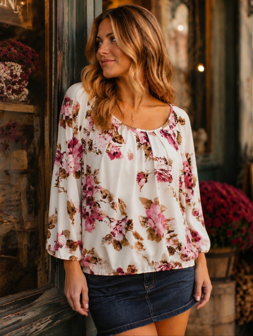 Sara Michelle XL Floral Peasant Blouse Boho Balloon Sleeve Elastic Hem EUC - Picture 1 of 6